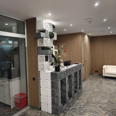 Reception desk in a bright lobby