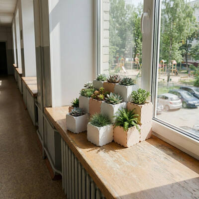 Cubik table garden set with succulents on a sunny windowsill