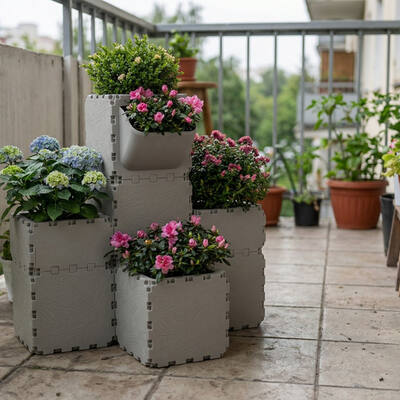 Grey Cubik balcony garden set with hydrangea and pink azaleas