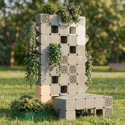 Grey Cubik vertical garden wall with bench and plants in a park