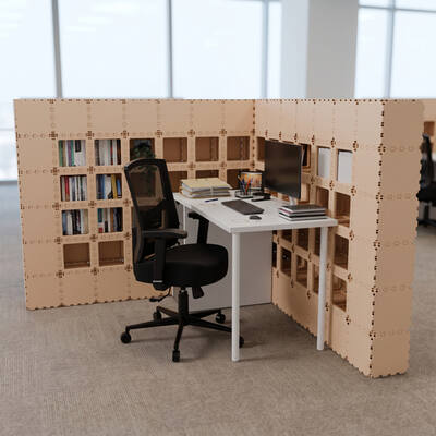 Beige Cubik L-1 workstation with white desk and open shelves