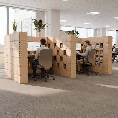 Beige Cubik W-2 workstations with two people working by the window