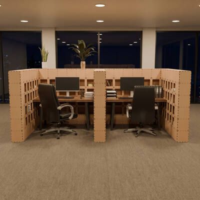 Beige Cubik W-2 double workstation at night, two desks with monitors