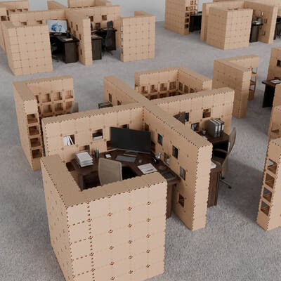 Beige Cubik X-4 workstation cluster in an open office