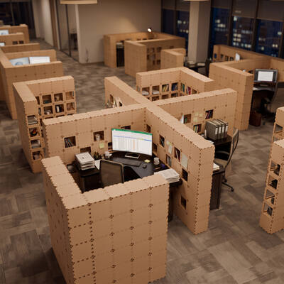 Beige Cubik X-4 workstations in an open office at night