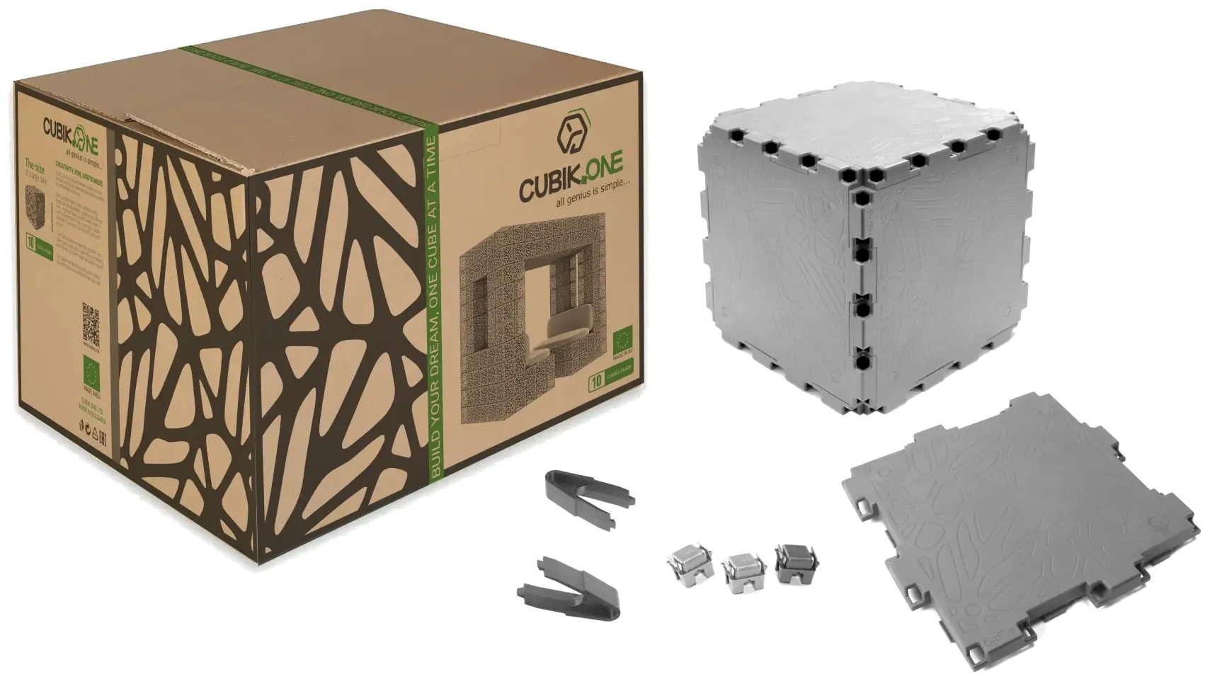 Cubik.one-Kit mit Versandkarton, aufgebautem Würfel, Paneelen und Clips