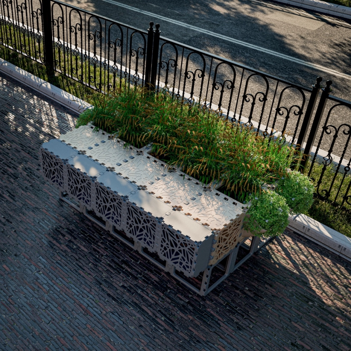 Cubik urban bench with planters along a sidewalk
