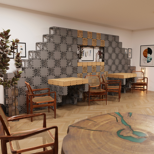 Modulare Caféwand mit integrierten Tischen