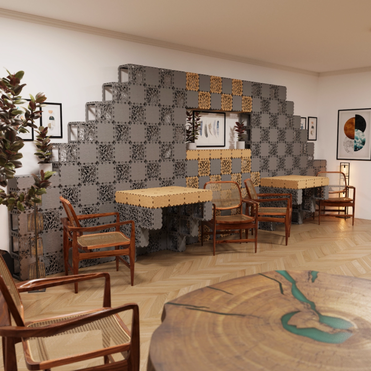 Parede modular para cafeteria com mesas integradas