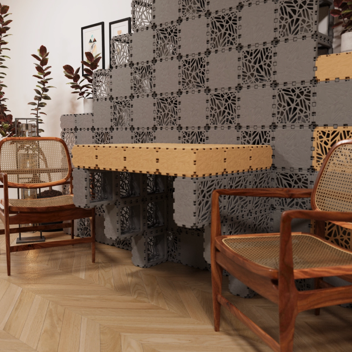 Modular café wall with Integrated tables photo
