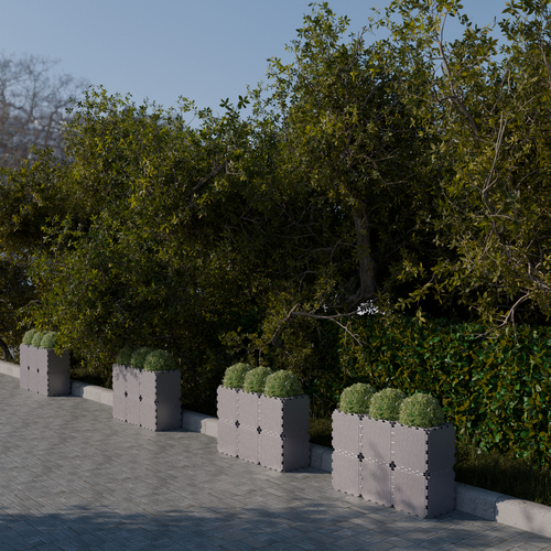 Grey Cubik linear planters in a row with round shrubs