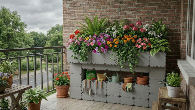 Sadzarka ogrodowa na balkon ze zintegrowanym schowkiem na narzędzia