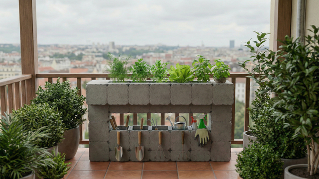 Balcony garden planter with Integrated tool storage