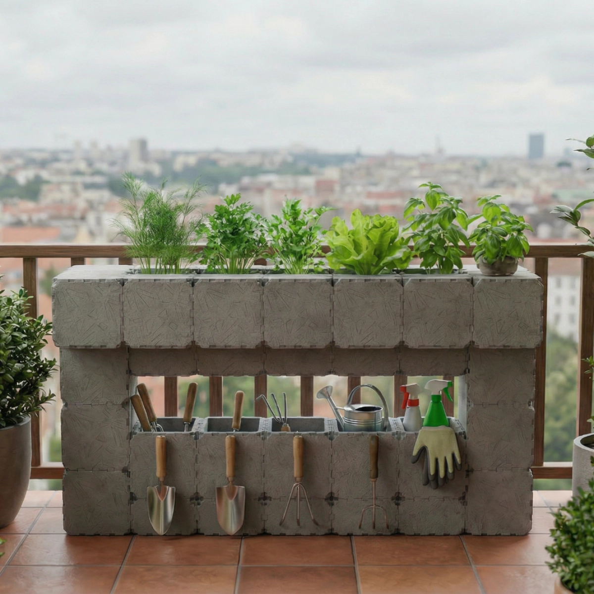 Plantador de jardim para varanda com armazenamento integrado de ferramentas