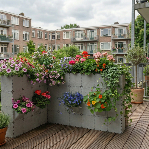 Grey Cubik corner balcony planter with Flora pockets and flowers