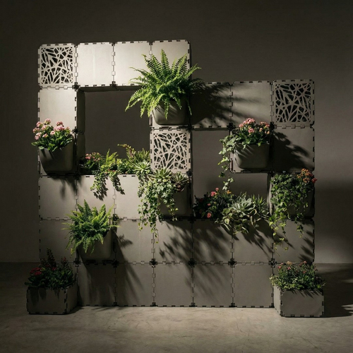 Grey Cubik modular green wall planter, studio lighting