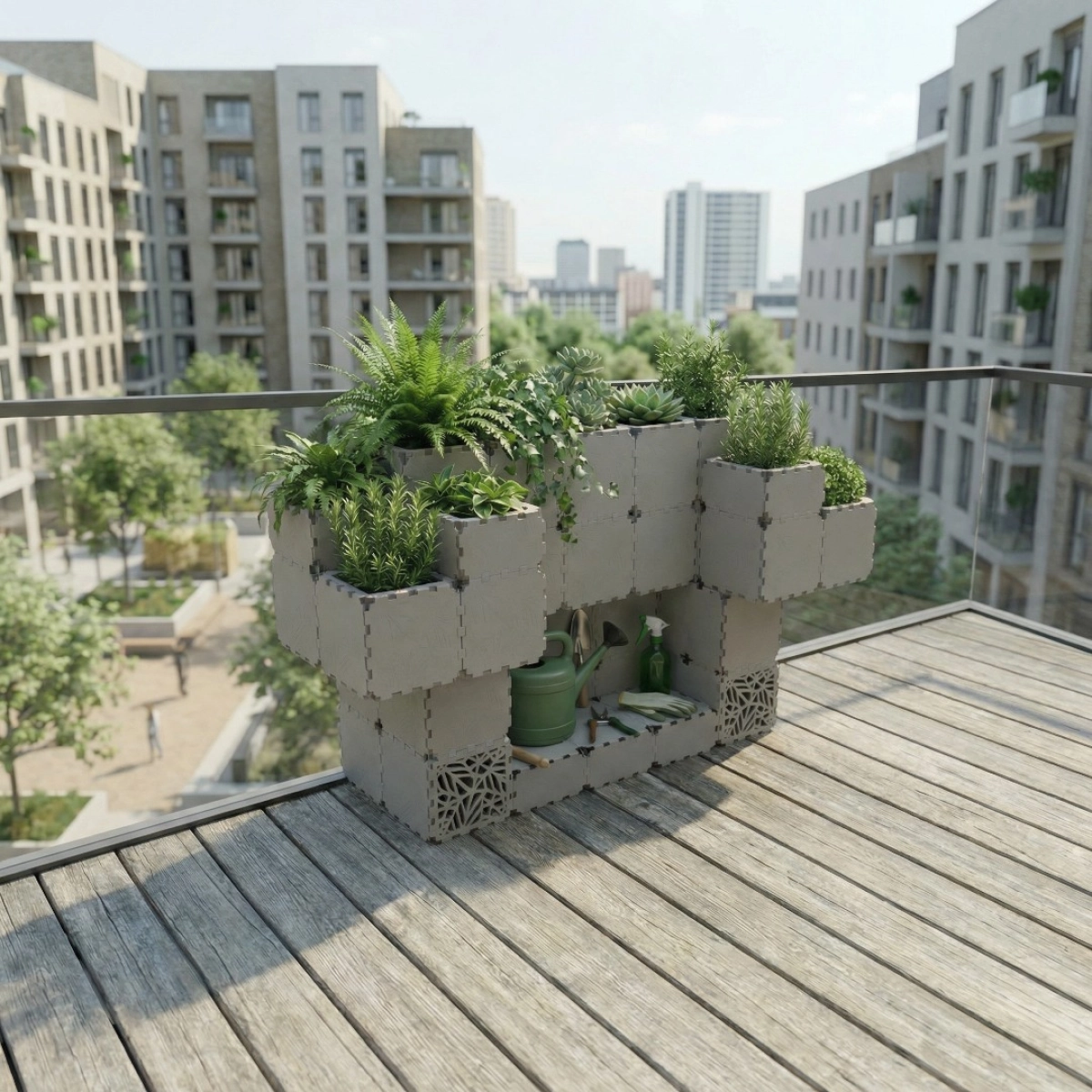 Grey Cubik balcony garden station, angled view