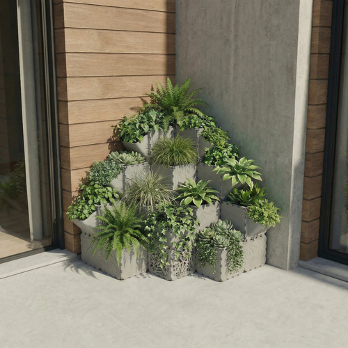 Grey Cubik corner pyramid planter against a building facade