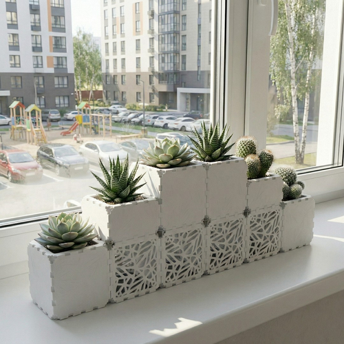 White Cubik table garden set on a windowsill, side view