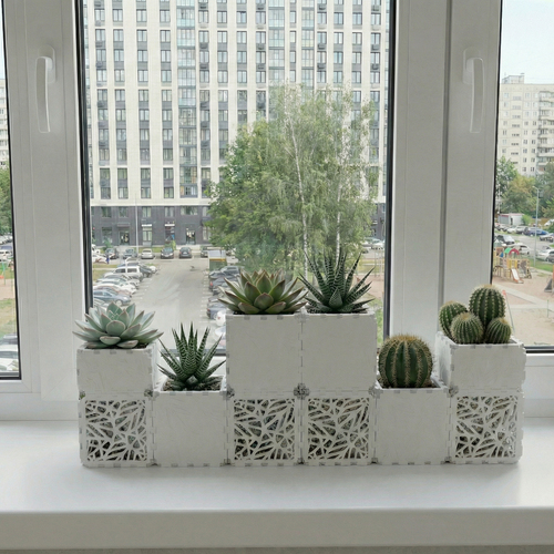 White Cubik table garden set with succulents on a windowsill