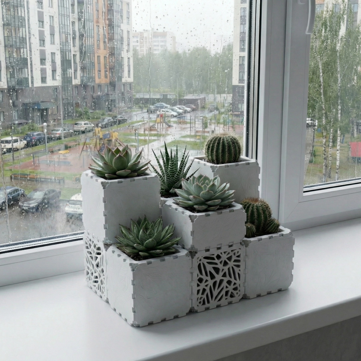 White Cubik table garden cubes with lattice faces