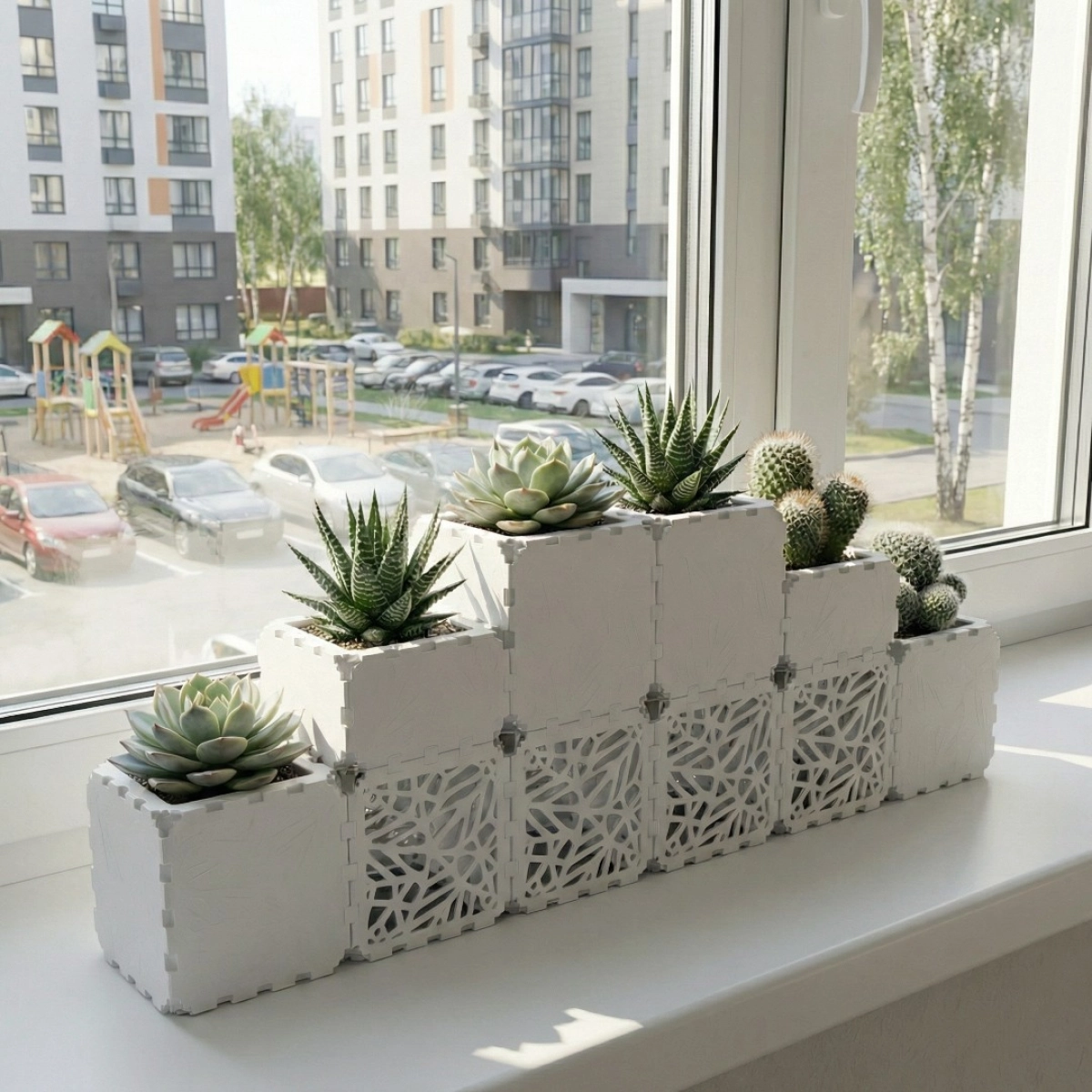 White Cubik table garden set on a windowsill, side view
