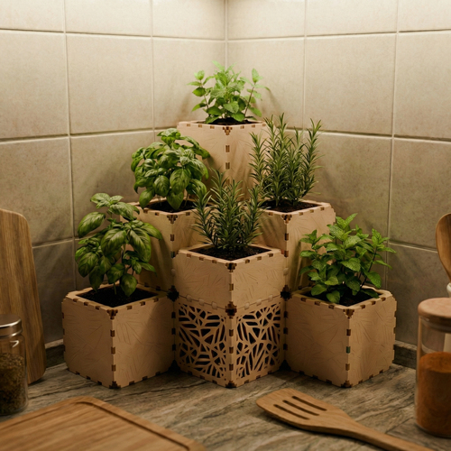 Beige Cubik table garden set with kitchen herbs