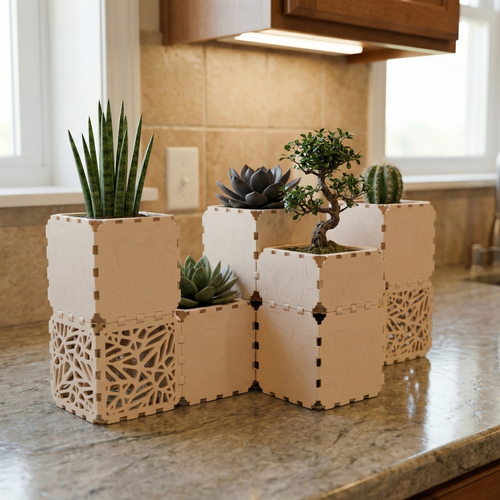 Beige Cubik table garden set with succulents on a kitchen counter