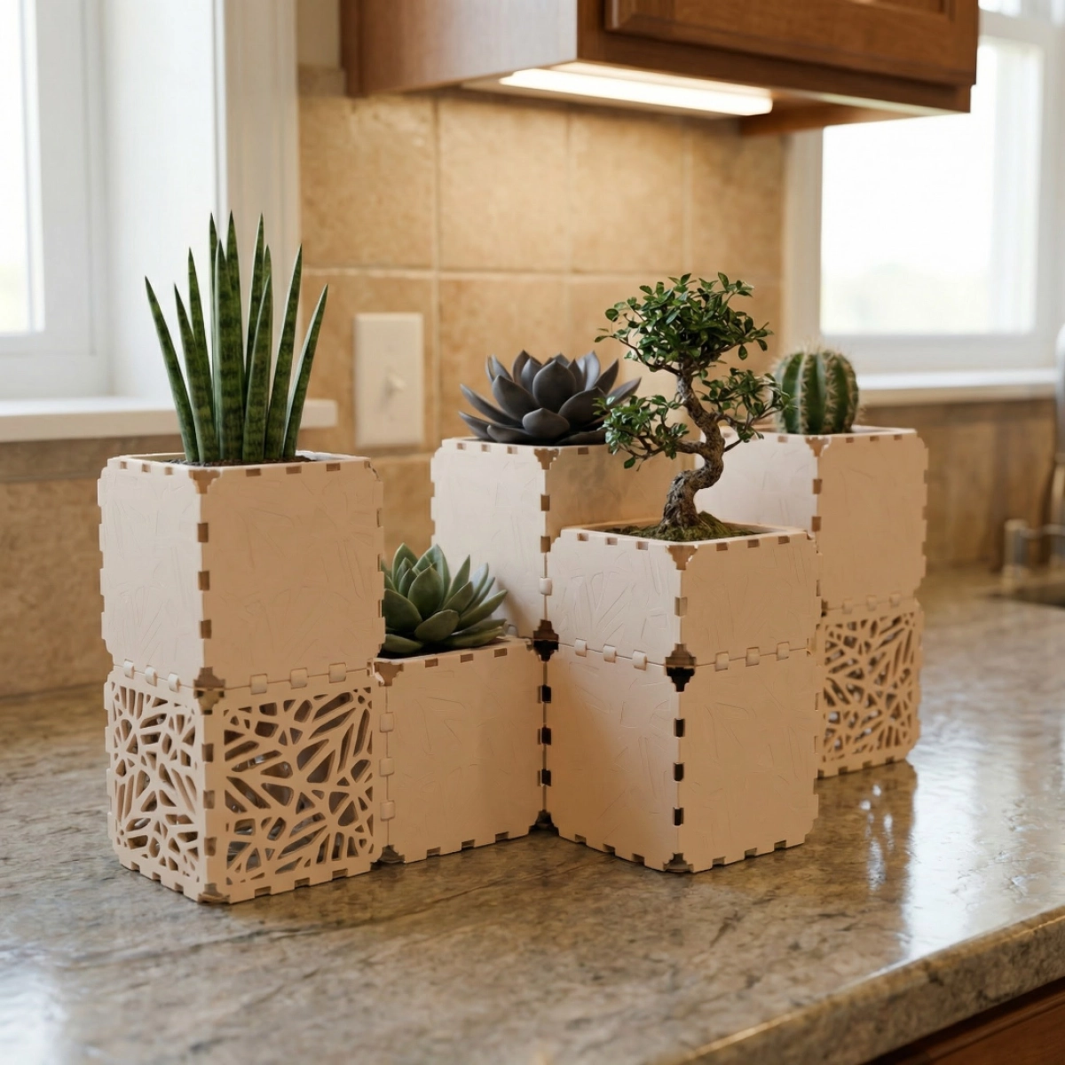 Beige Cubik table garden set with succulents on a kitchen counter