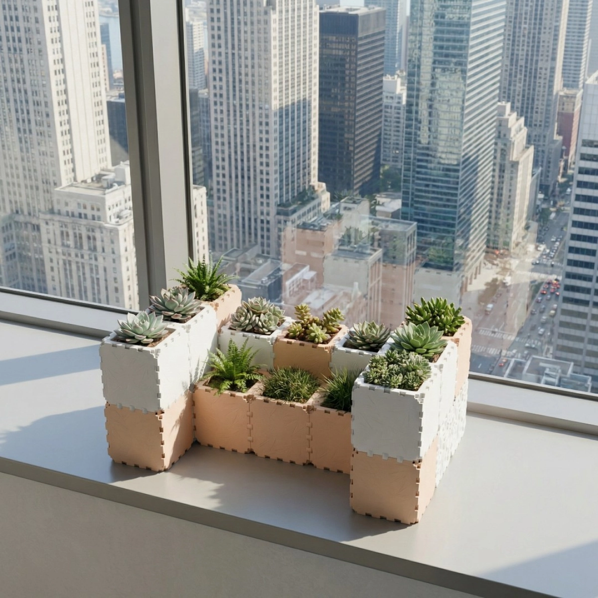 Cubik table garden set with succulents against a city skyline
