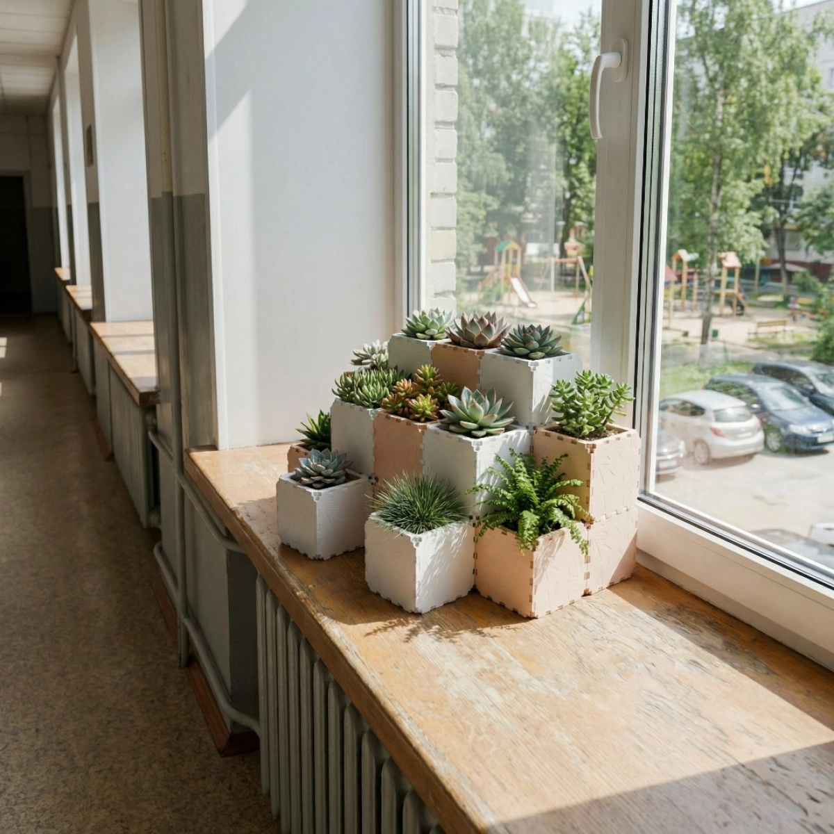 Cubik table garden set with succulents on a sunny windowsill