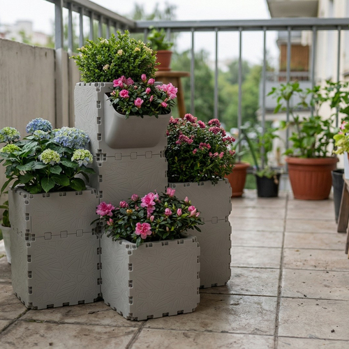 Grey Cubik balcony garden set with hydrangea and pink azaleas