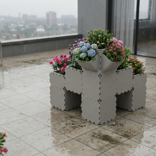 Grey Cubik cross-shaped balcony planter with flowers on a wet terrace