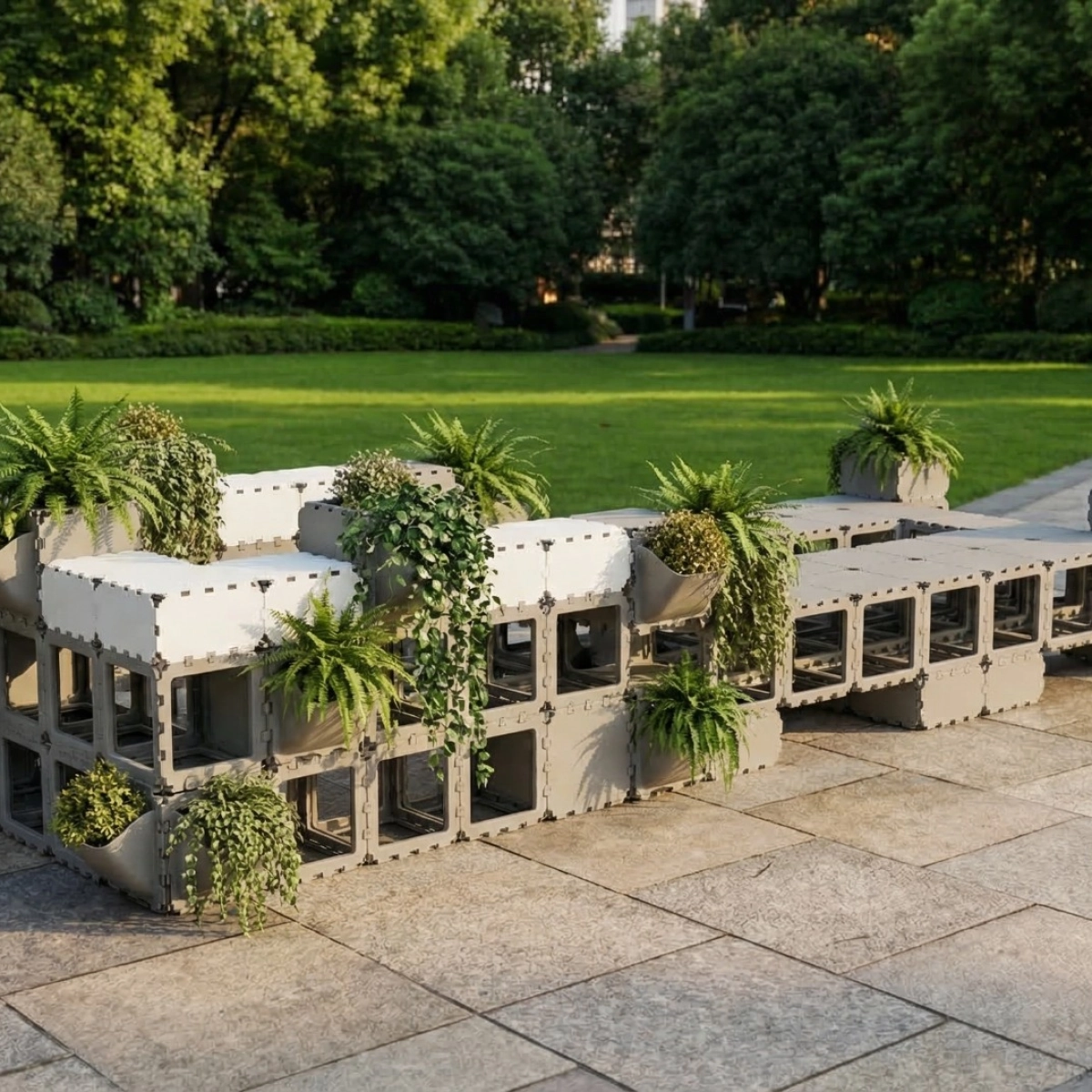 Cubik Seating area with planters with plants, additional view