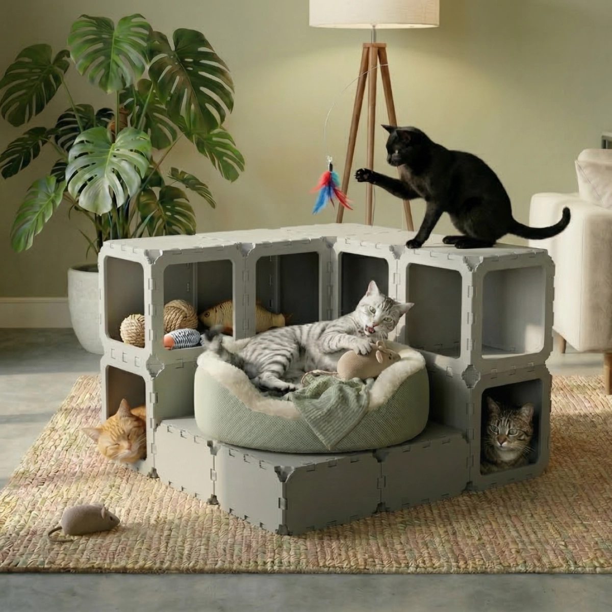 Cubik Modular Cat House with Double-Level Tunnel for indoor cats, additional view