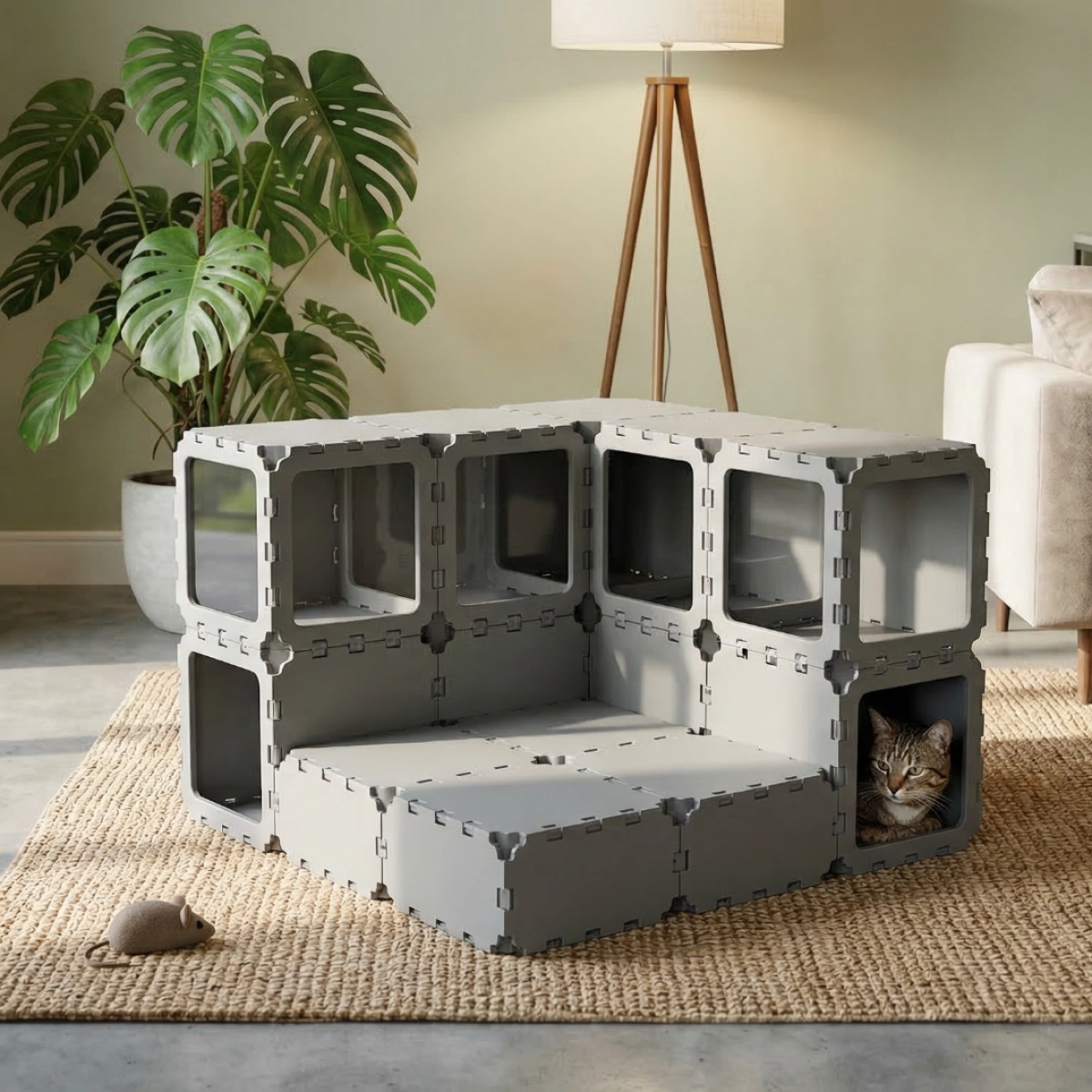 Cubik Modular Cat House with Double-Level Tunnel for indoor cats, additional view
