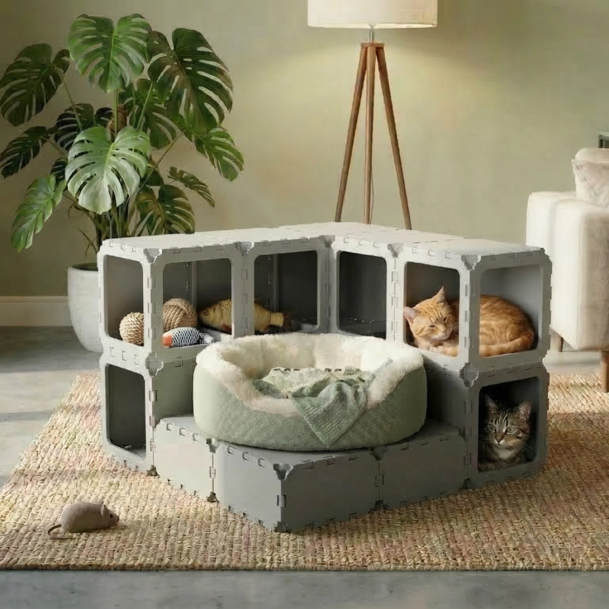 Cubik Modular Cat House with Double-Level Tunnel for indoor cats