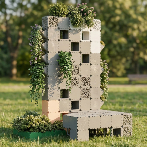 Grey Cubik vertical garden wall with bench and plants in a park