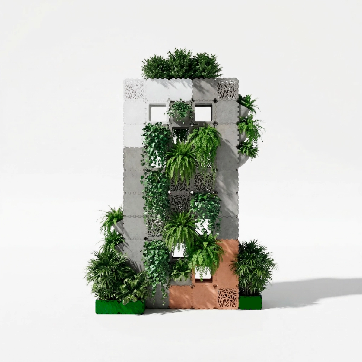 Cubik vertical garden wall with hanging greenery, front studio view