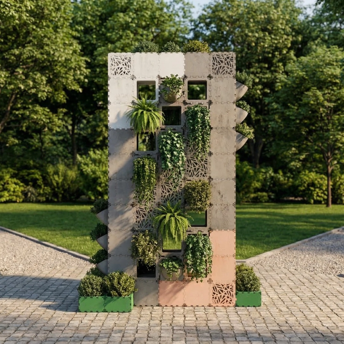 Cubik vertical garden wall with hanging plants in a park