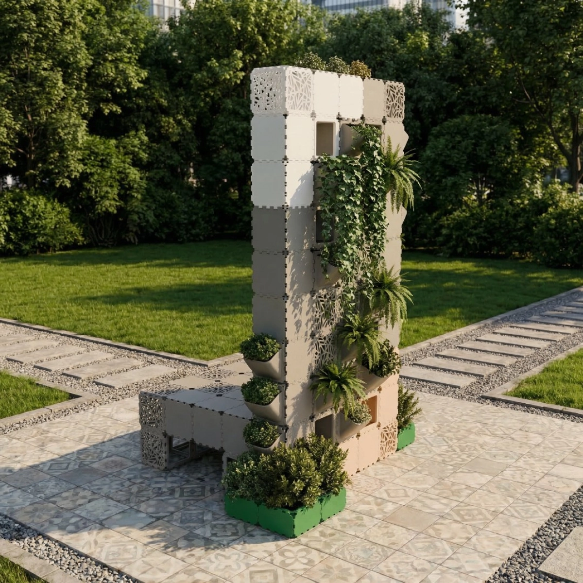 Cubik vertical garden wall with bench on a tiled garden path