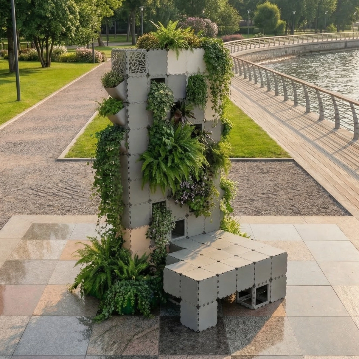 Cubik vertical garden wall with bench along a riverside promenade