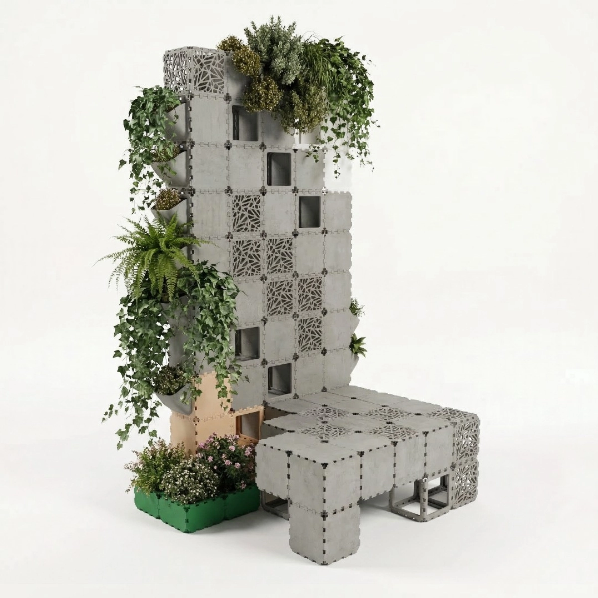 Grey Cubik vertical garden wall with bench, studio view