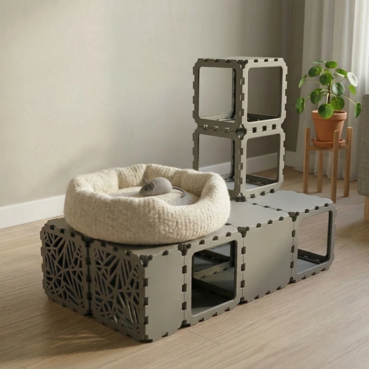 Cubik Modular Cat House with Tunnel and BION Windows, lattice faces for indoor cats, additional view