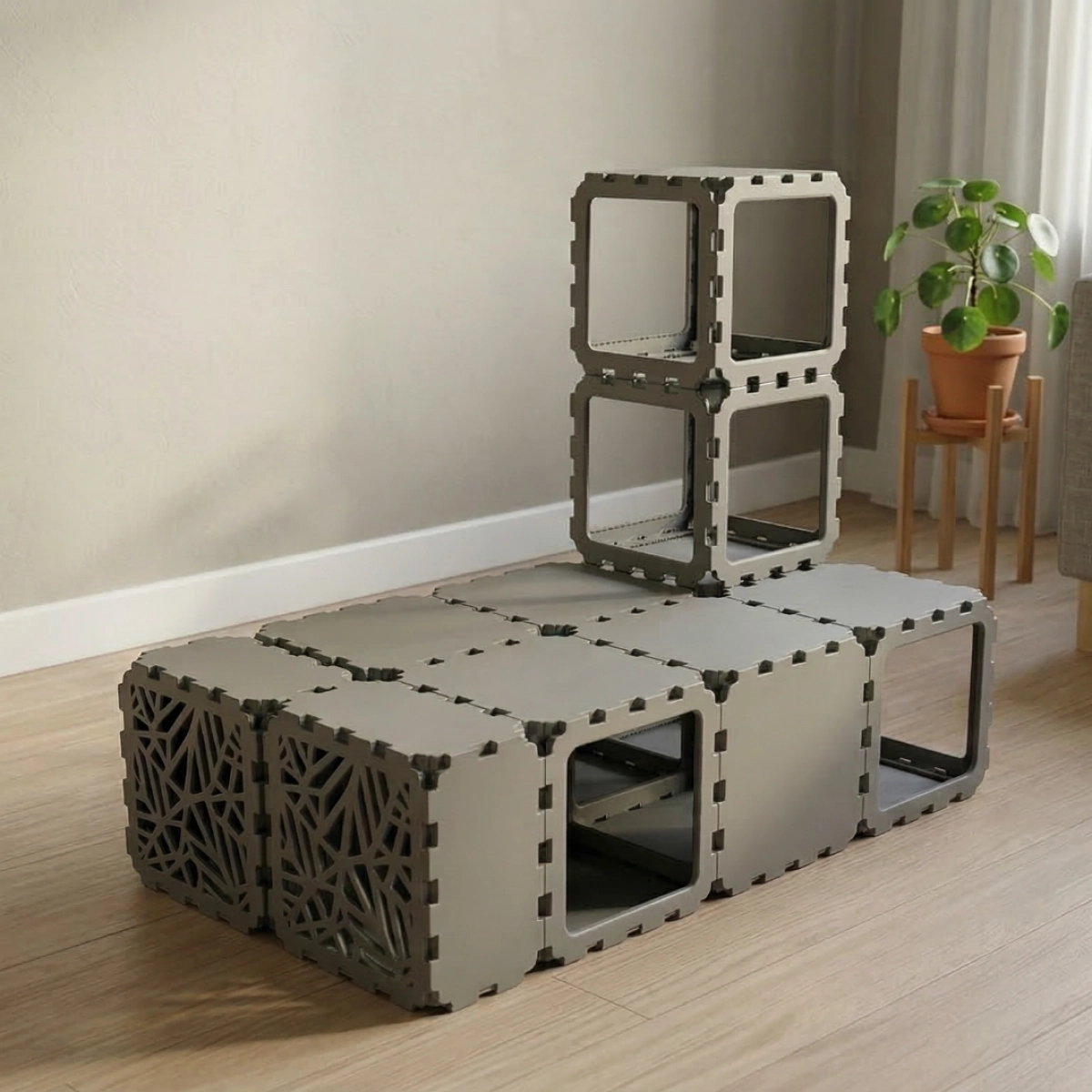 Cubik Modular Cat House with Tunnel and BION Windows, lattice faces for indoor cats, additional view