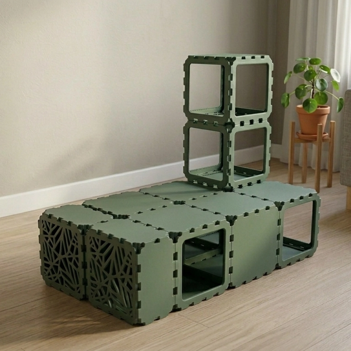 Cubik Modular Cat House with Tunnel and BION Windows, lattice faces for indoor cats, additional view