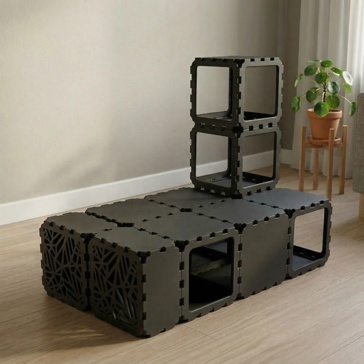 Cubik Modular Cat House with Tunnel and BION Windows, lattice faces for indoor cats, additional view