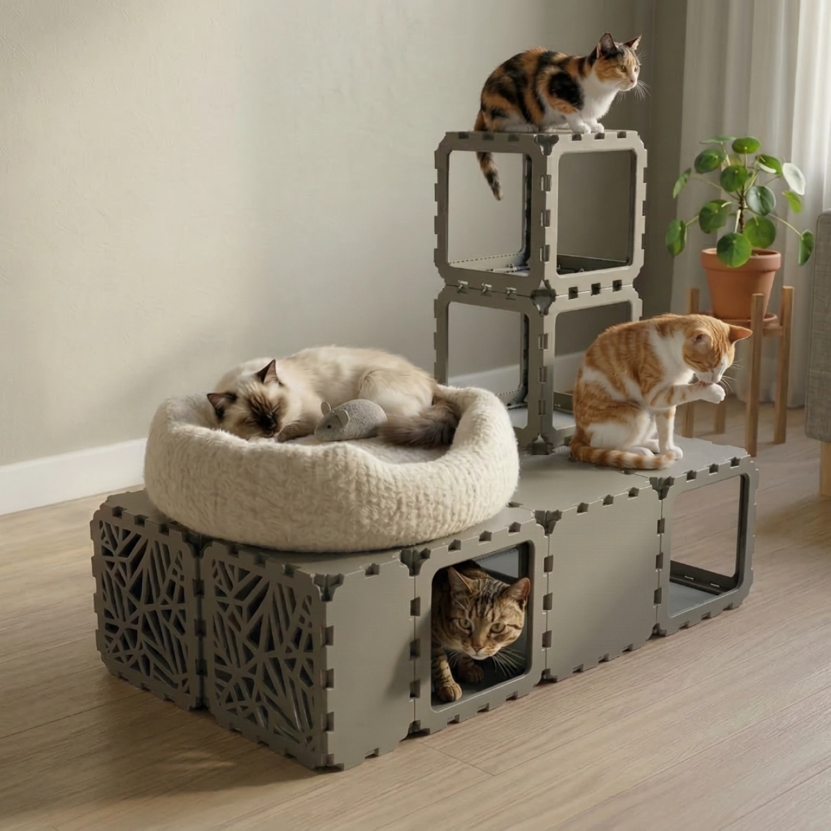Cubik Modular Cat House with Tunnel and BION Windows, lattice faces for indoor cats