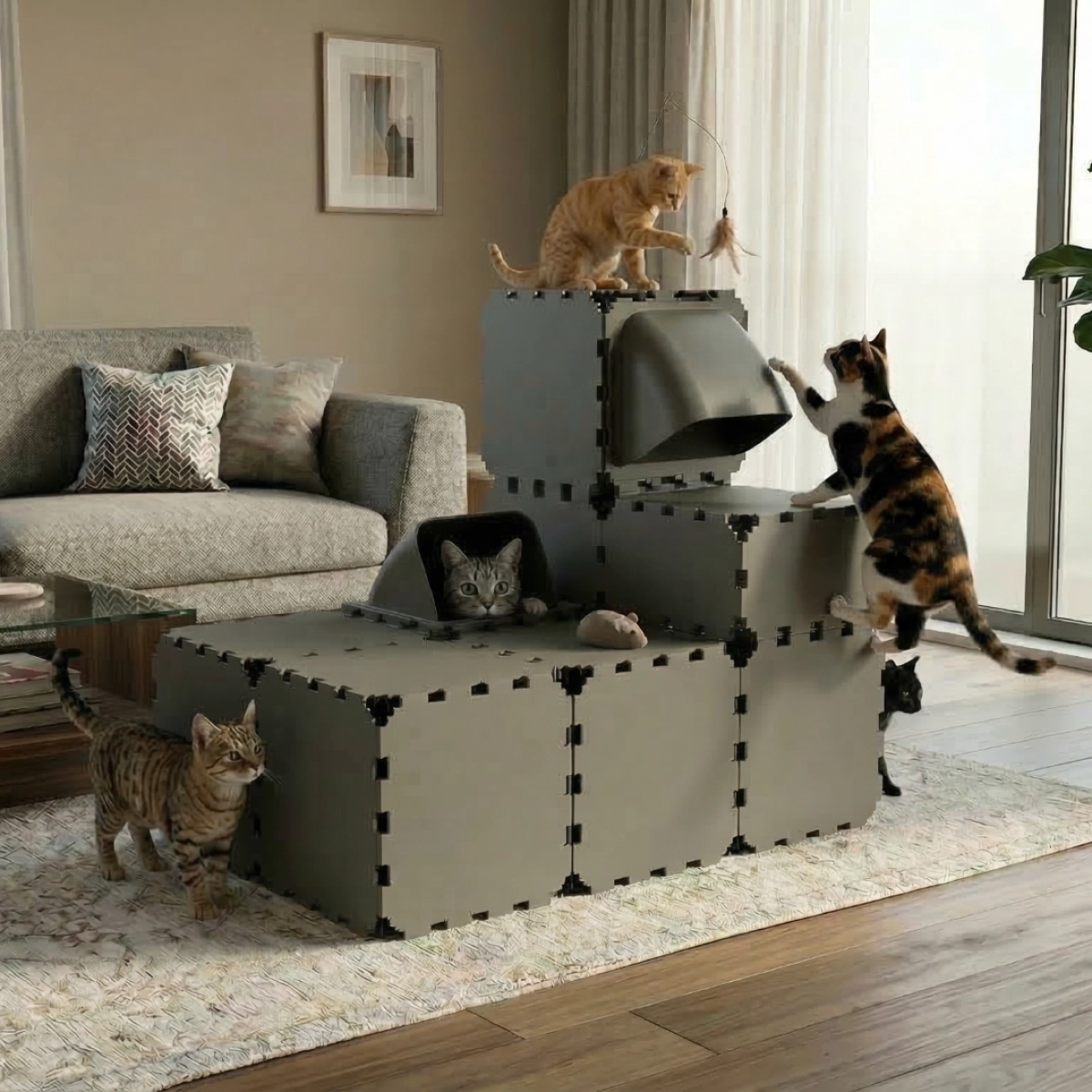 Cubik Modular Cat Play House with FLORA Entry V2 planter panel for indoor cats, additional view