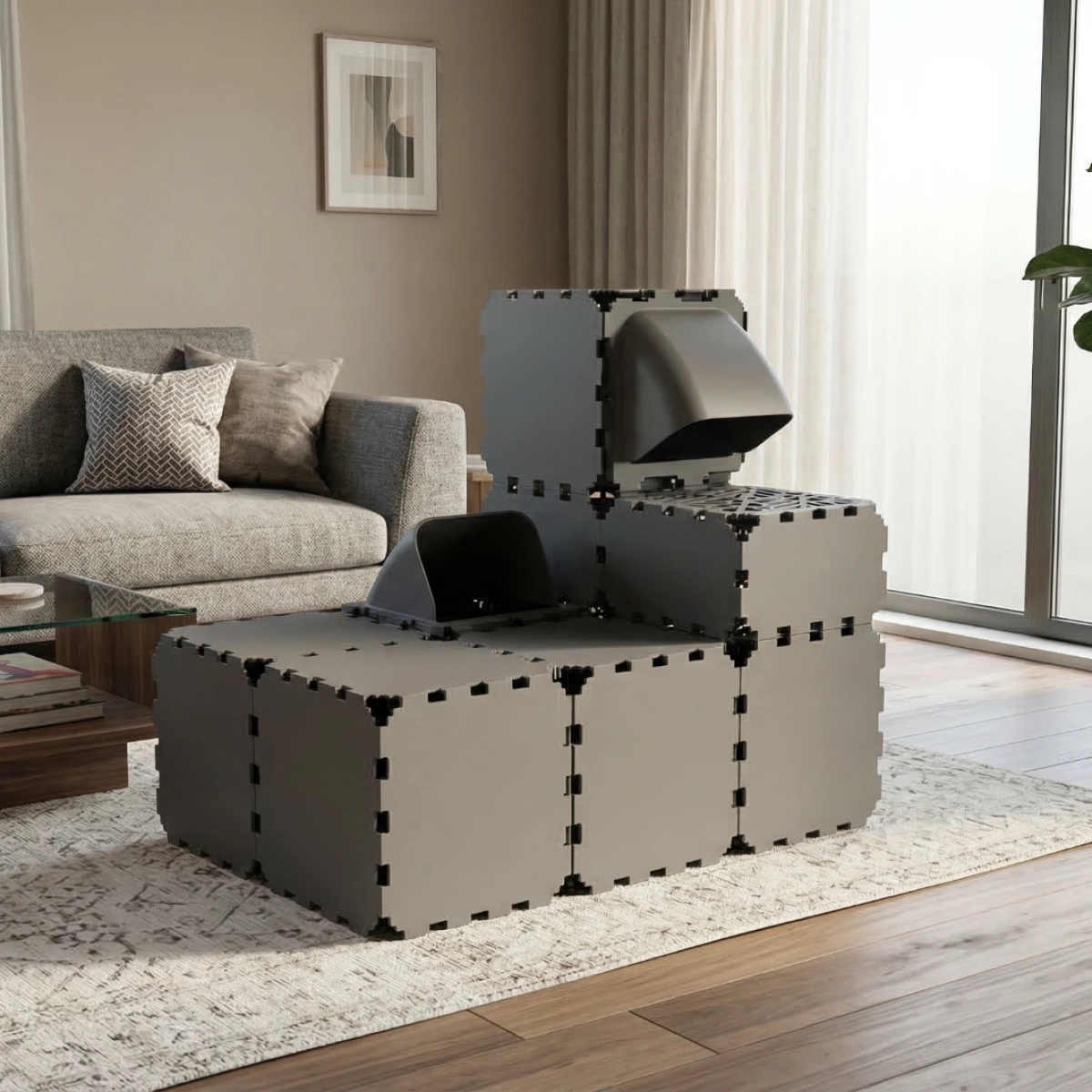 Cubik Modular Cat Play House with FLORA Entry V2 planter panel for indoor cats, additional view